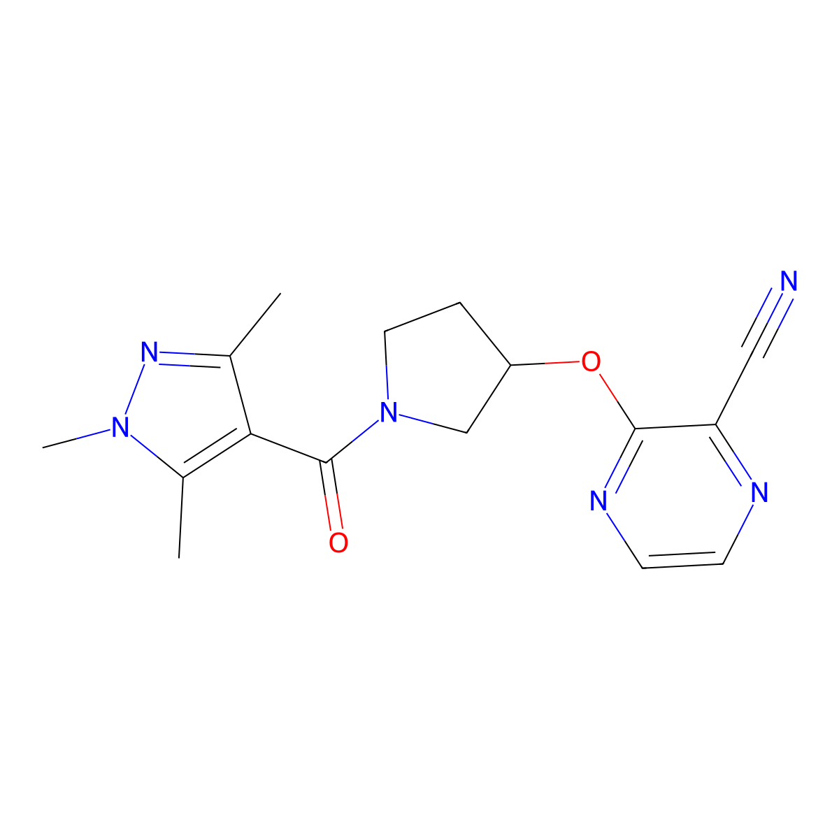 3-((1-(1,3,5-trimethyl-1H-pyrazole-4-carbonyl)pyrrolidin-3-yl)oxy)pyrazine-2-carbonitrile molecular structure, CAS 2034206-71-6