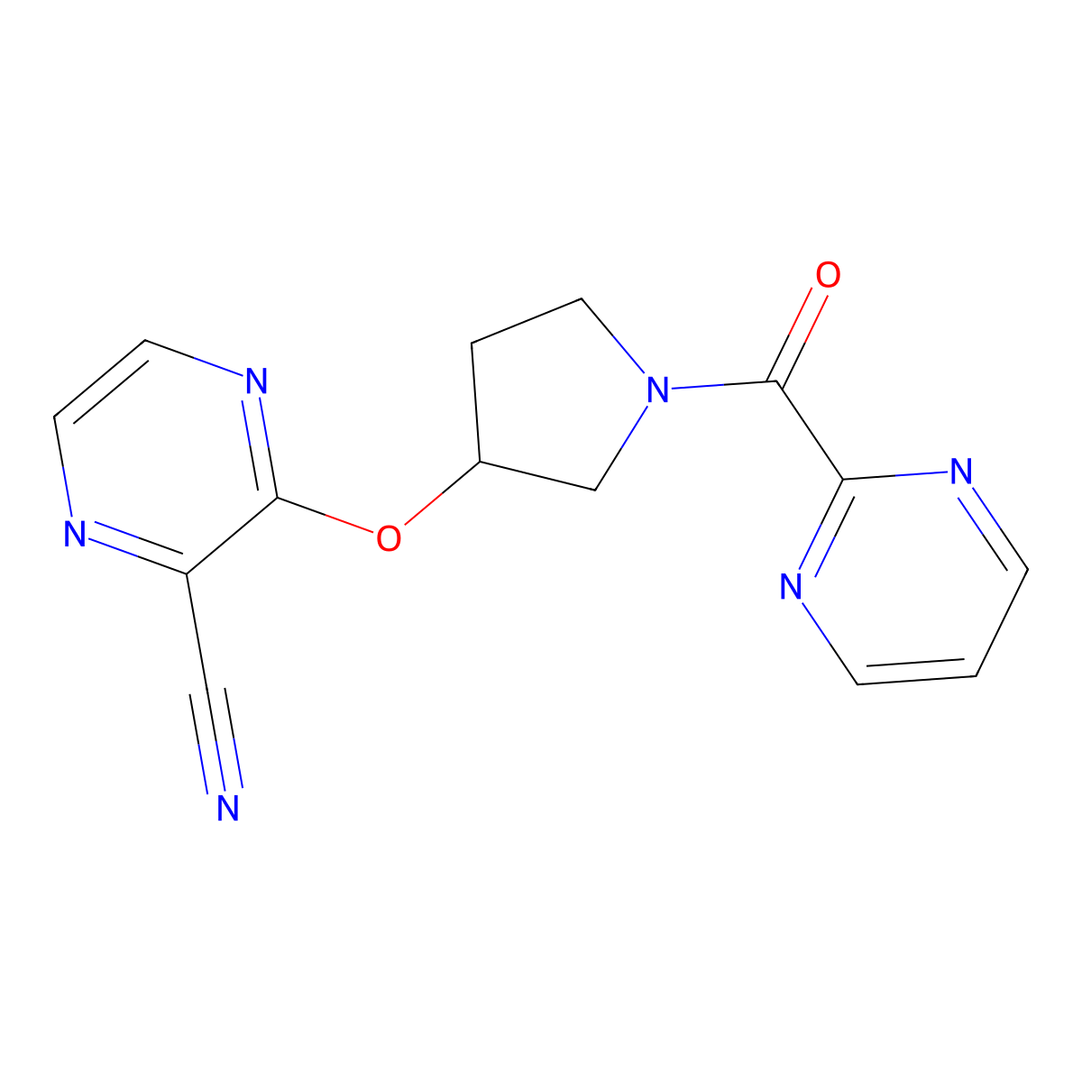 3-((1-(Pyrimidine-2-carbonyl)pyrrolidin-3-yl)oxy)pyrazine-2-carbonitrile molecular structure, CAS 2034206-75-0