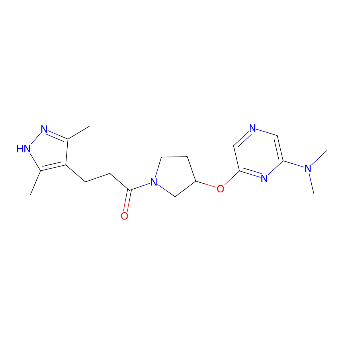 3-(3,5-dimethyl-1H-pyrazol-4-yl)-1-(3-{[6-(dimethylamino)pyrazin-2-yl]oxy}pyrrolidin-1-yl)propan-1-one molecular structure, CAS 2034206-88-5