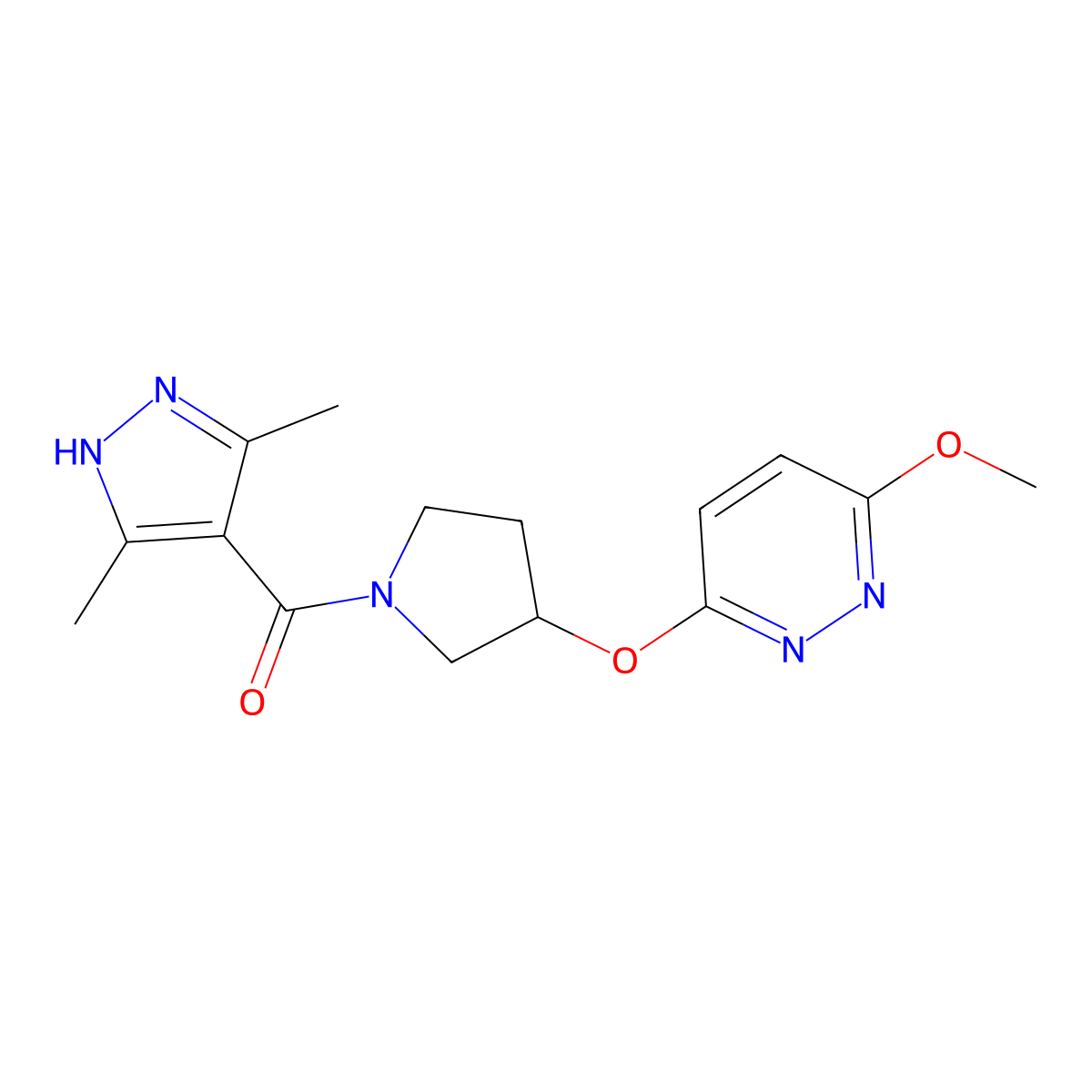 (3,5-dimethyl-1H-pyrazol-4-yl)(3-((6-methoxypyridazin-3-yl)oxy)pyrrolidin-1-yl)methanone molecular structure, CAS 2034206-90-9