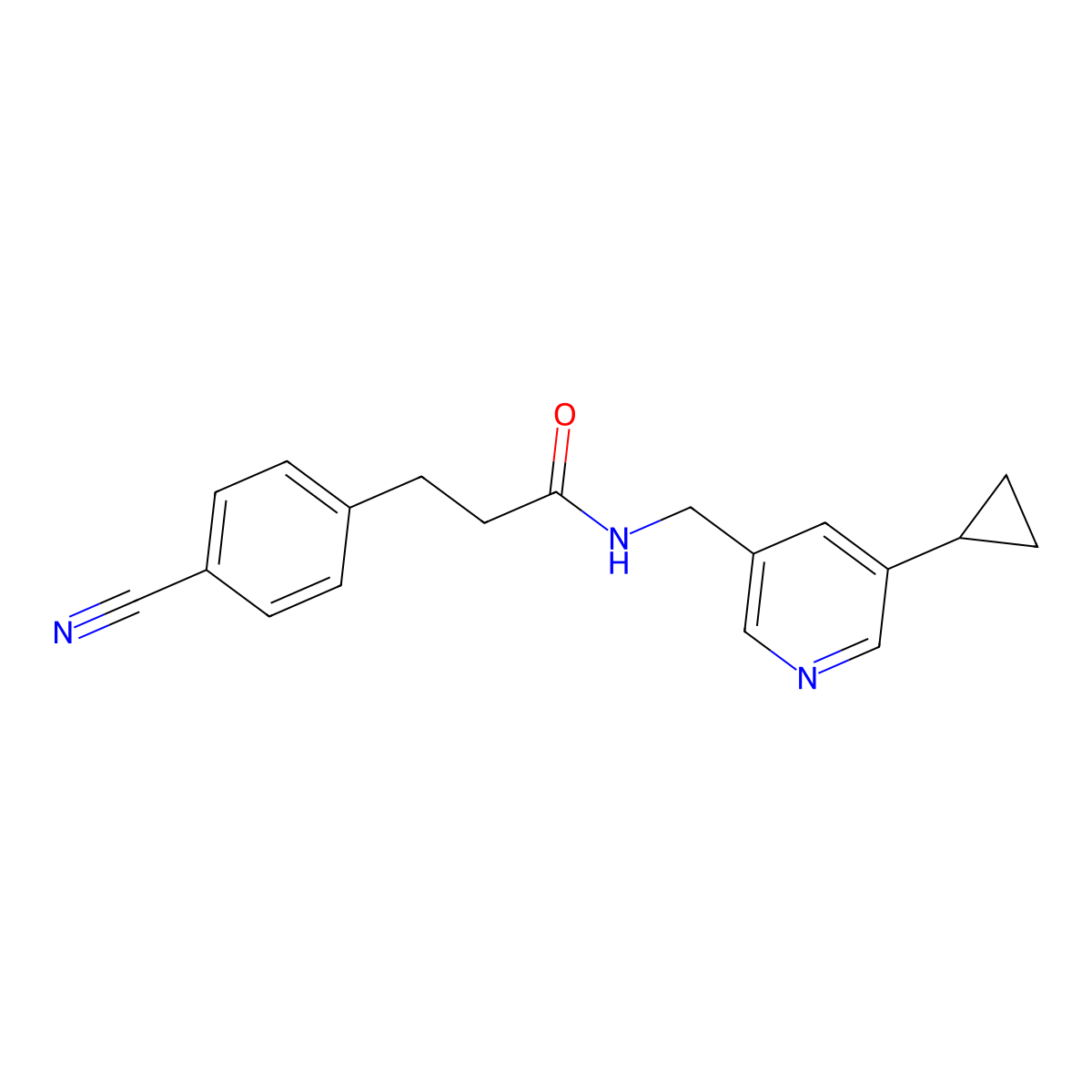 3-(4-cyanophenyl)-N-[(5-cyclopropylpyridin-3-yl)methyl]propanamide molecular structure, CAS 2034206-97-6