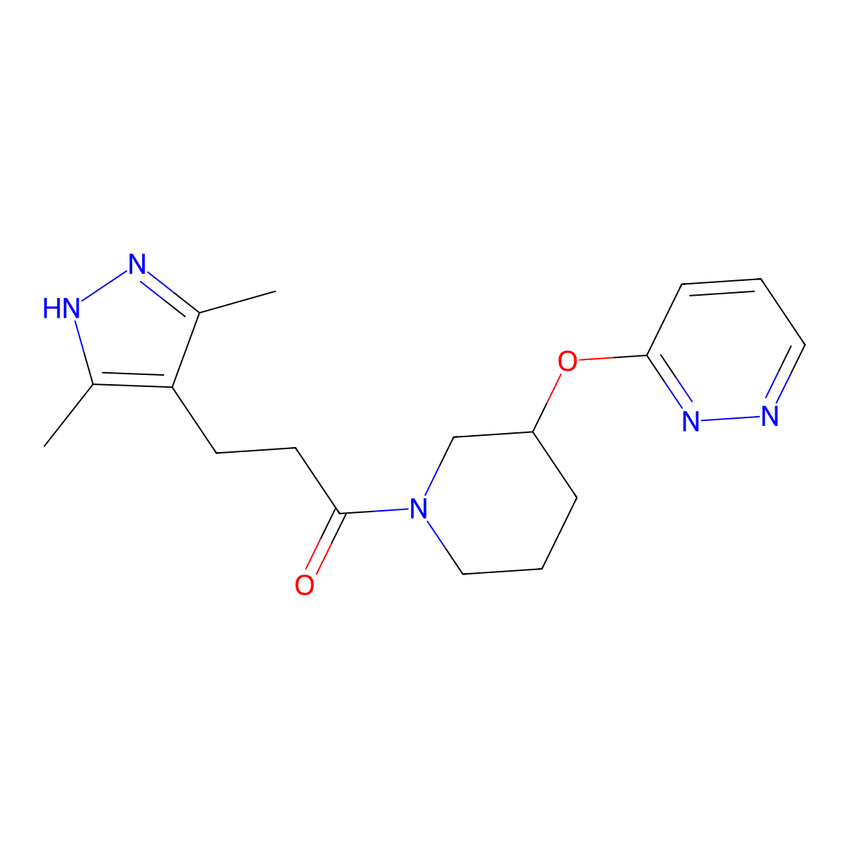 3-(3,5-dimethyl-1H-pyrazol-4-yl)-1-[3-(pyridazin-3-yloxy)piperidin-1-yl]propan-1-one molecular structure, CAS 2034207-03-7