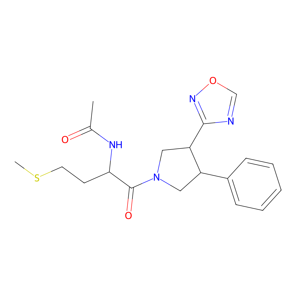 N-(1-(3-(1,2,4-oxadiazol-3-yl)-4-phenylpyrrolidin-1-yl)-4-(methylthio)-1-oxobutan-2-yl)acetamide molecular structure, CAS 2034207-13-9