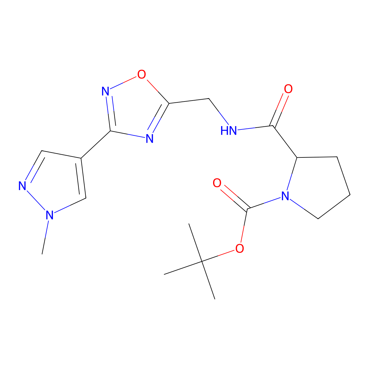 tert-butyl 2-(((3-(1-methyl-1H-pyrazol-4-yl)-1,2,4-oxadiazol-5-yl)methyl)carbamoyl)pyrrolidine-1-carboxylate molecular structure, CAS 2034207-20-8