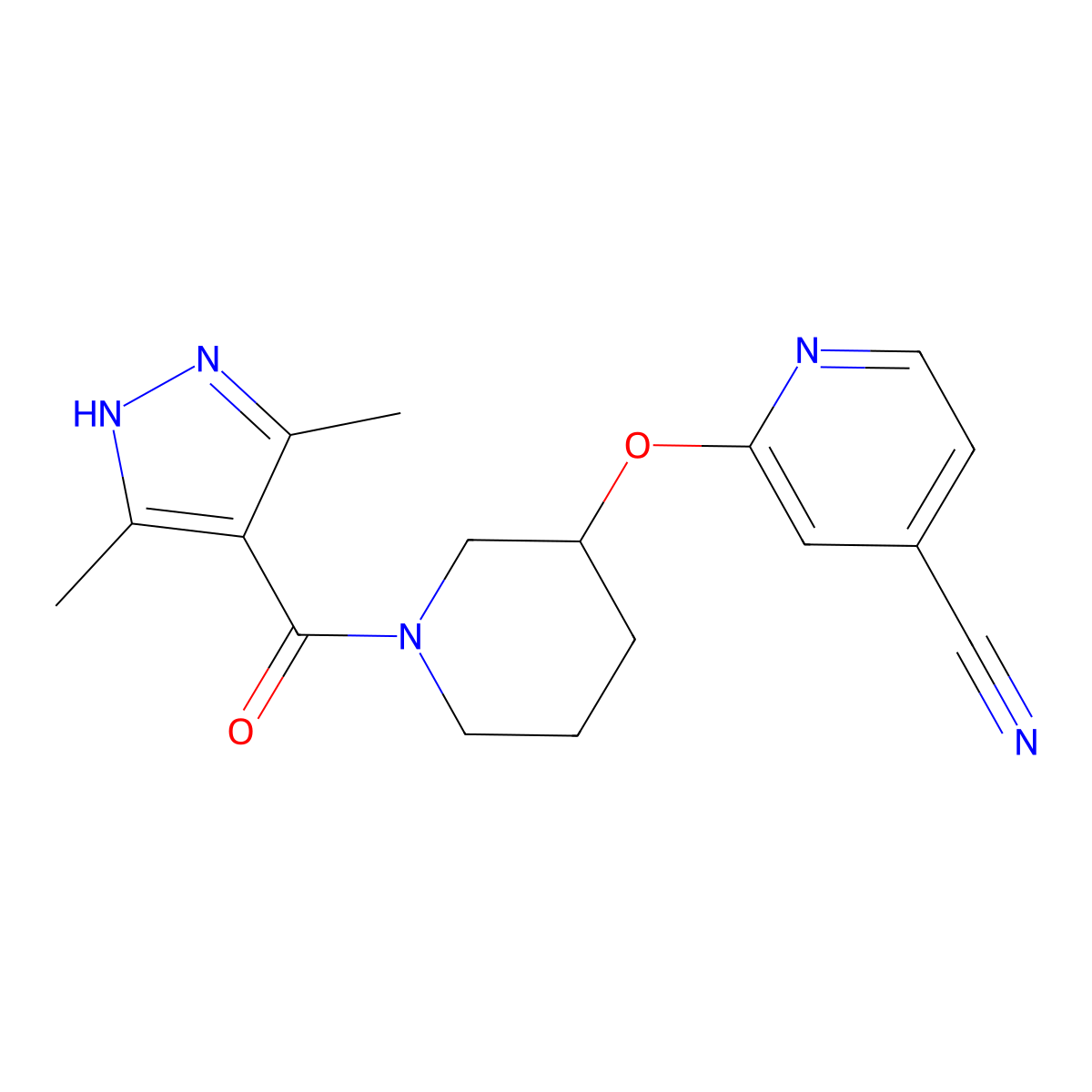 2-((1-(3,5-dimethyl-1H-pyrazole-4-carbonyl)piperidin-3-yl)oxy)isonicotinonitrile molecular structure, CAS 2034207-26-4