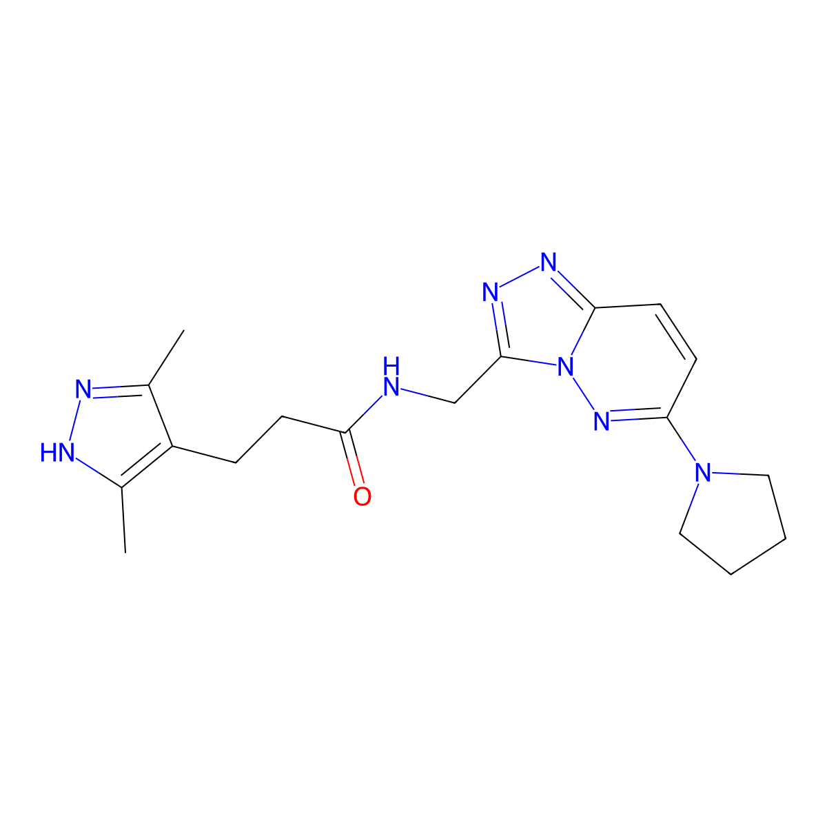 3-(3,5-dimethyl-1H-pyrazol-4-yl)-N-{[6-(pyrrolidin-1-yl)-[1,2,4]triazolo[4,3-b]pyridazin-3-yl]methyl}propanamide molecular structure, CAS 2034207-30-0
