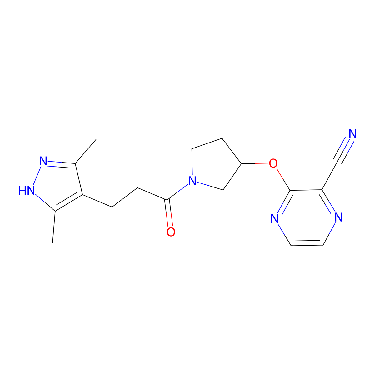 3-((1-(3-(3,5-dimethyl-1H-pyrazol-4-yl)propanoyl)pyrrolidin-3-yl)oxy)pyrazine-2-carbonitrile molecular structure, CAS 2034207-34-4