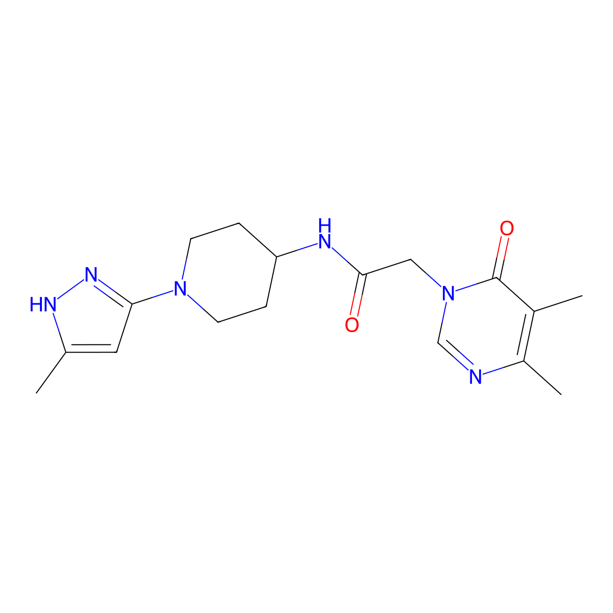 2-(4,5-dimethyl-6-oxopyrimidin-1(6H)-yl)-N-(1-(5-methyl-1H-pyrazol-3-yl)piperidin-4-yl)acetamide molecular structure, CAS 2034207-37-7