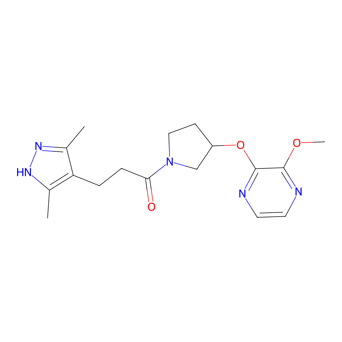 3-(3,5-dimethyl-1H-pyrazol-4-yl)-1-(3-((3-methoxypyrazin-2-yl)oxy)pyrrolidin-1-yl)propan-1-one molecular structure, CAS 2034207-40-2
