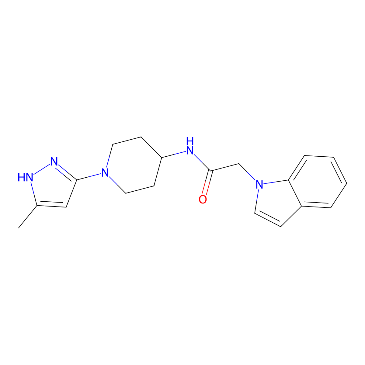 2-(1H-indol-1-yl)-N-[1-(5-methyl-1H-pyrazol-3-yl)piperidin-4-yl]acetamide molecular structure, CAS 2034207-43-5