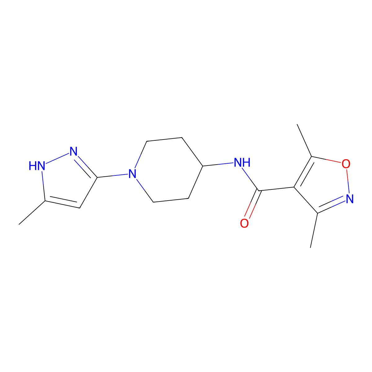 3,5-dimethyl-N-(1-(5-methyl-1H-pyrazol-3-yl)piperidin-4-yl)isoxazole-4-carboxamide molecular structure, CAS 2034207-46-8