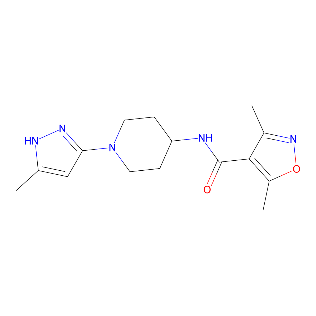 3,5-dimethyl-N-(1-(5-methyl-1H-pyrazol-3-yl)piperidin-4-yl)isoxazole-4-carboxamide molecular structure, CAS 2034207-46-8
