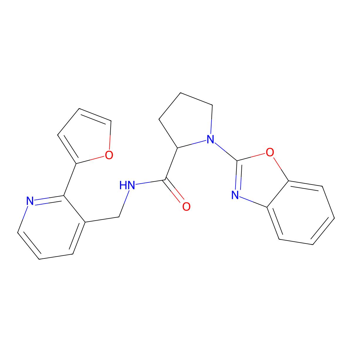 1-(benzo[d]oxazol-2-yl)-N-((2-(furan-2-yl)pyridin-3-yl)methyl)pyrrolidine-2-carboxamide molecular structure, CAS 2034207-48-0