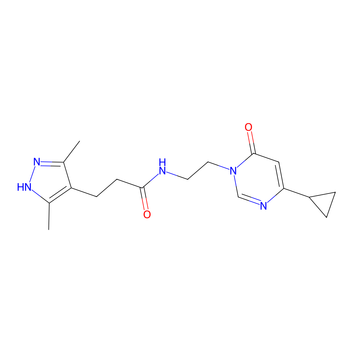 N-(2-(4-cyclopropyl-6-oxopyrimidin-1(6H)-yl)ethyl)-3-(3,5-dimethyl-1H-pyrazol-4-yl)propanamide molecular structure, CAS 2034207-61-7