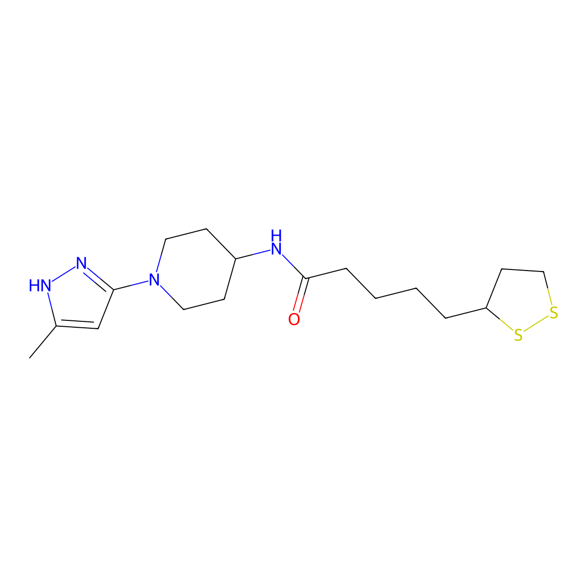 5-(1,2-dithiolan-3-yl)-N-(1-(5-methyl-1H-pyrazol-3-yl)piperidin-4-yl)pentanamide molecular structure, CAS 2034207-62-8