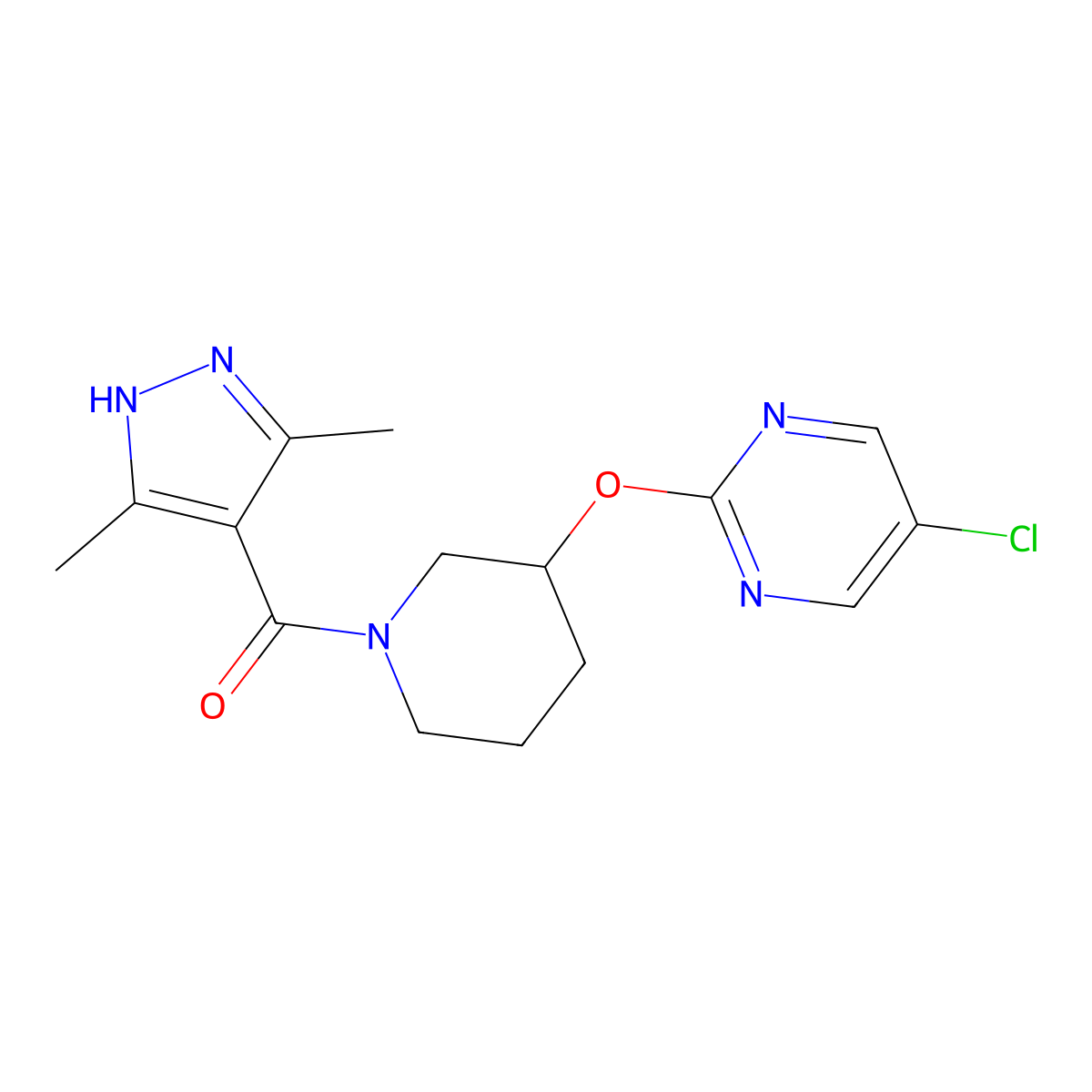 (3-((5-chloropyrimidin-2-yl)oxy)piperidin-1-yl)(3,5-dimethyl-1H-pyrazol-4-yl)methanone molecular structure, CAS 2034207-63-9