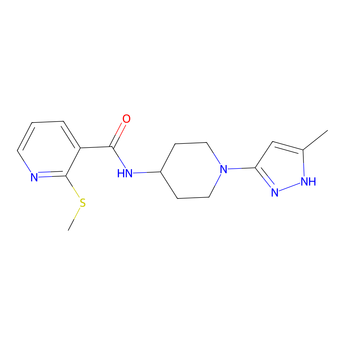 N-(1-(5-methyl-1H-pyrazol-3-yl)piperidin-4-yl)-2-(methylthio)nicotinamide molecular structure, CAS 2034207-76-4