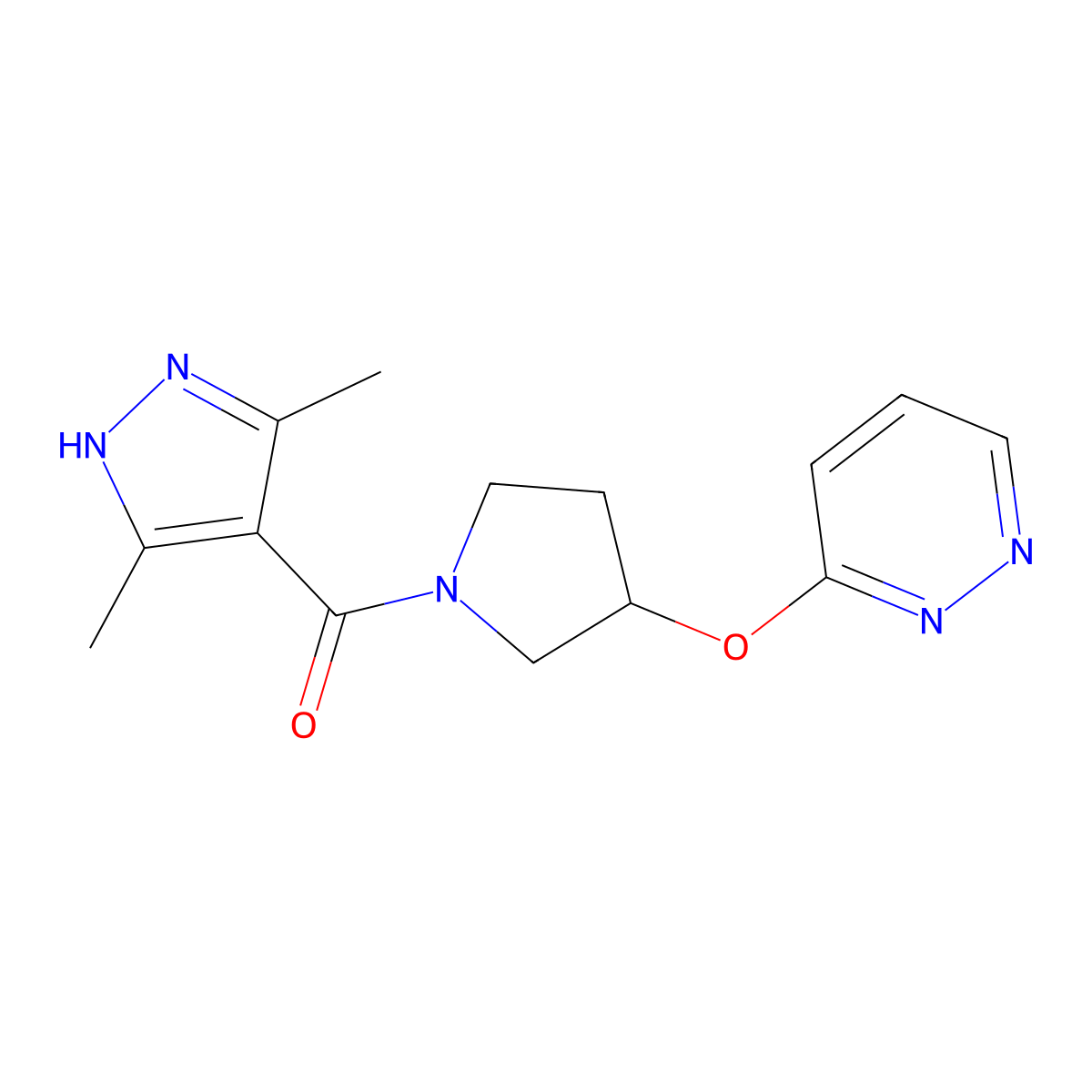 (3,5-dimethyl-1H-pyrazol-4-yl)(3-(pyridazin-3-yloxy)pyrrolidin-1-yl)methanone molecular structure, CAS 2034207-77-5