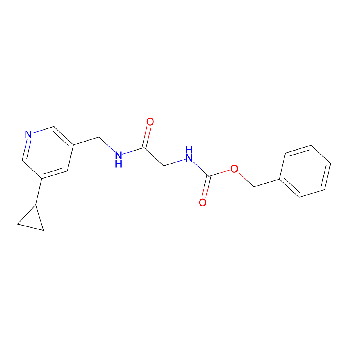 Benzyl (2-(((5-cyclopropylpyridin-3-yl)methyl)amino)-2-oxoethyl)carbamate molecular structure, CAS 2034207-79-7