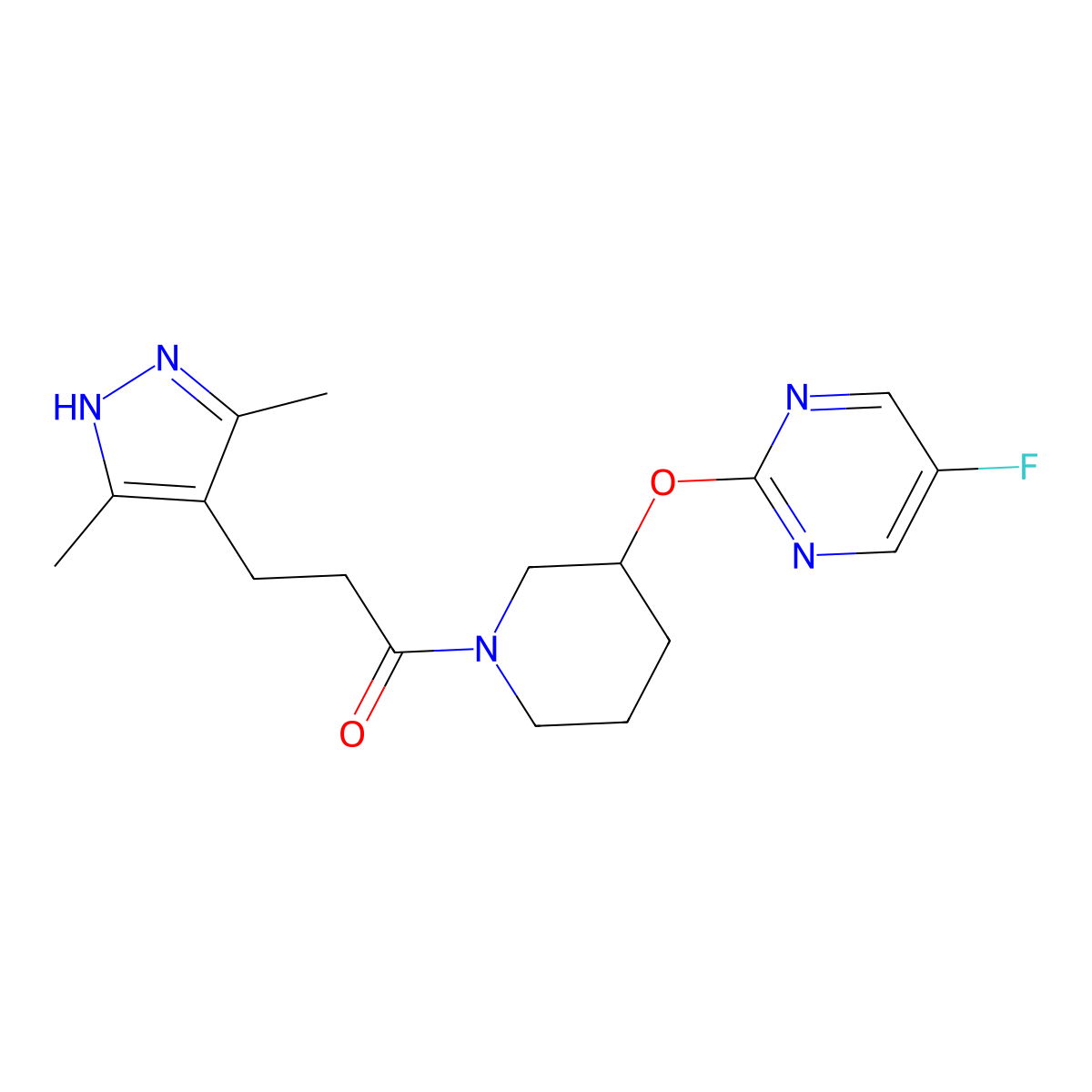 3-(3,5-dimethyl-1H-pyrazol-4-yl)-1-{3-[(5-fluoropyrimidin-2-yl)oxy]piperidin-1-yl}propan-1-one molecular structure, CAS 2034207-80-0
