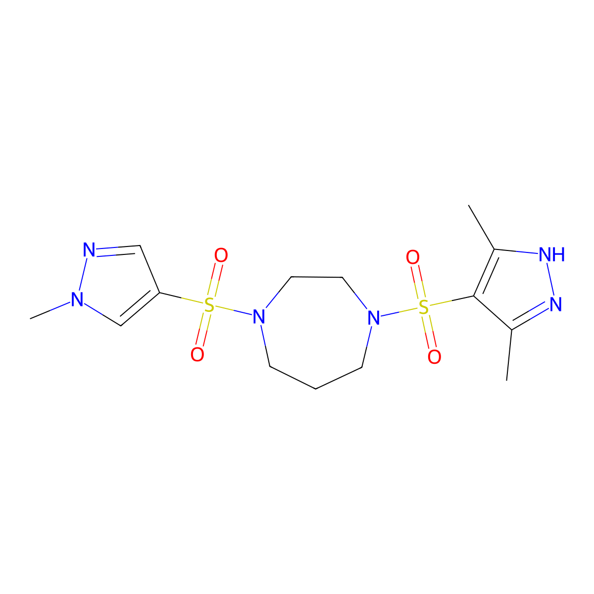 1-[(3,5-dimethyl-1H-pyrazol-4-yl)sulfonyl]-4-[(1-methyl-1H-pyrazol-4-yl)sulfonyl]-1,4-diazepane molecular structure, CAS 2034207-86-6