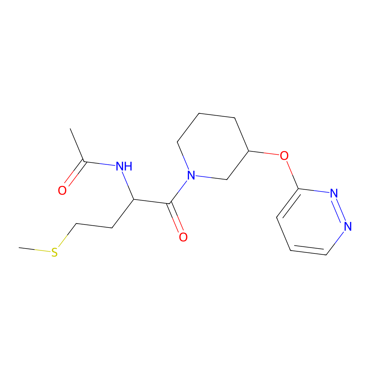 N-(4-(methylthio)-1-oxo-1-(3-(pyridazin-3-yloxy)piperidin-1-yl)butan-2-yl)acetamide molecular structure, CAS 2034207-98-0