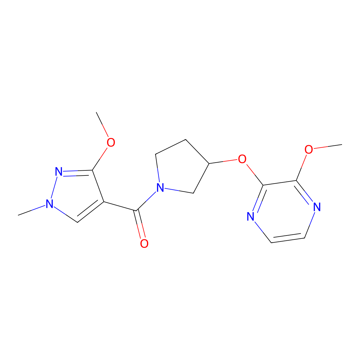 (3-methoxy-1-methyl-1H-pyrazol-4-yl)(3-((3-methoxypyrazin-2-yl)oxy)pyrrolidin-1-yl)methanone molecular structure, CAS 2034208-04-1