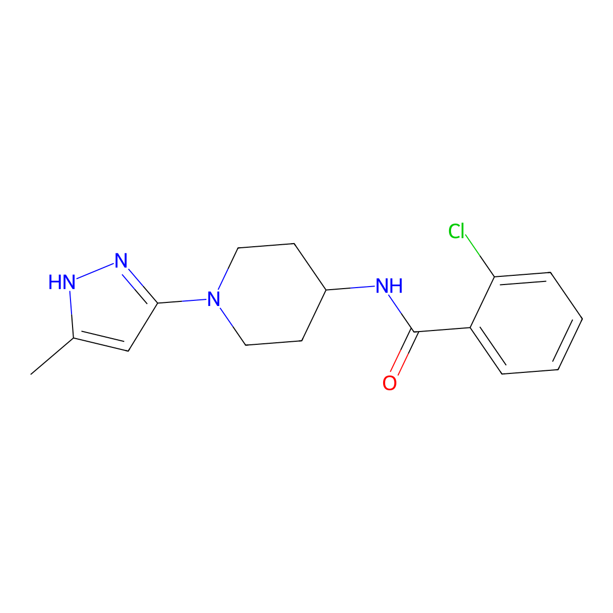 2-chloro-N-[1-(5-methyl-1H-pyrazol-3-yl)piperidin-4-yl]benzamide molecular structure, CAS 2034208-07-4