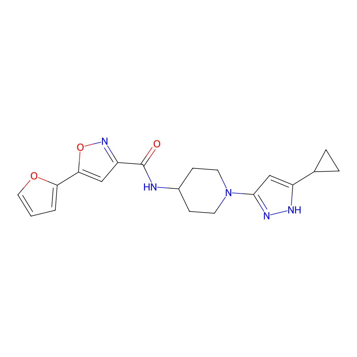 N-(1-(5-cyclopropyl-1H-pyrazol-3-yl)piperidin-4-yl)-5-(furan-2-yl)isoxazole-3-carboxamide molecular structure, CAS 2034208-08-5