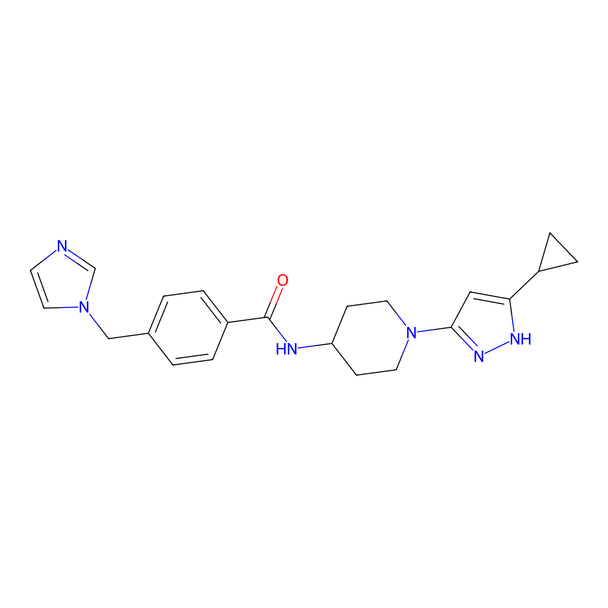 4-((1H-imidazol-1-yl)methyl)-N-(1-(5-cyclopropyl-1H-pyrazol-3-yl)piperidin-4-yl)benzamide molecular structure, CAS 2034208-18-7