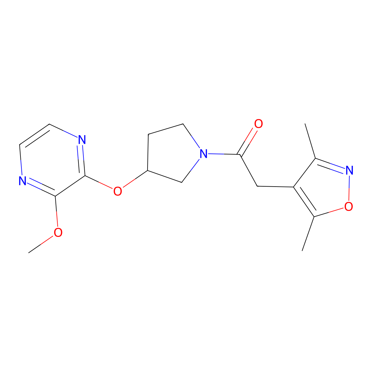 2-(3,5-Dimethylisoxazol-4-yl)-1-(3-((3-methoxypyrazin-2-yl)oxy)pyrrolidin-1-yl)ethanone molecular structure, CAS 2034208-21-2