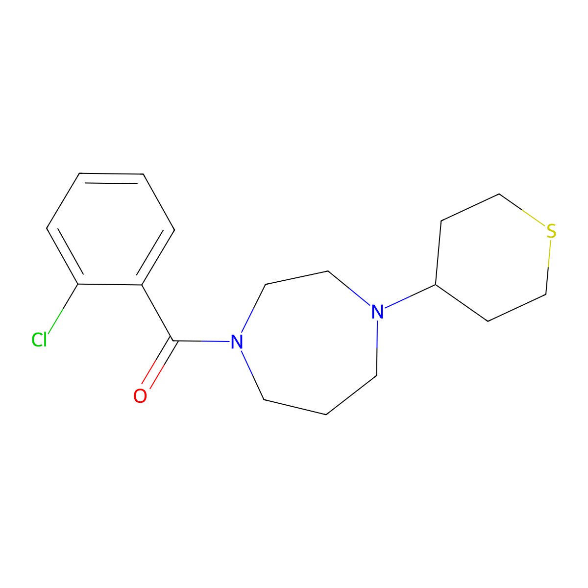 (2-chlorophenyl)(4-(tetrahydro-2H-thiopyran-4-yl)-1,4-diazepan-1-yl)methanone molecular structure, CAS 2034208-50-7