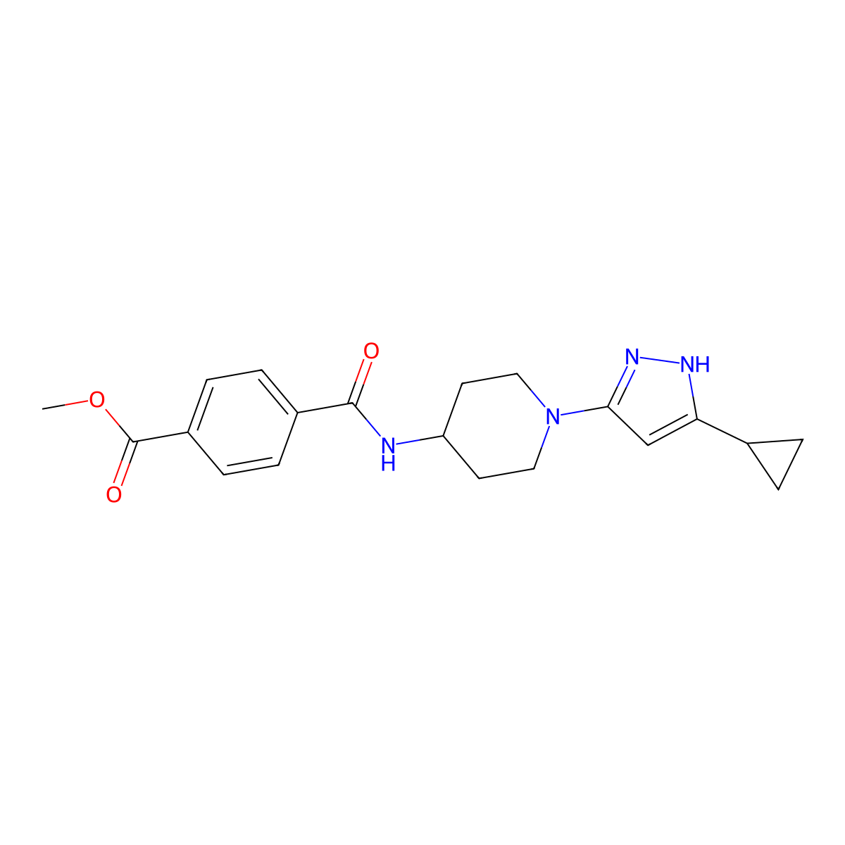 methyl 4-((1-(5-cyclopropyl-1H-pyrazol-3-yl)piperidin-4-yl)carbamoyl)benzoate molecular structure, CAS 2034208-51-8