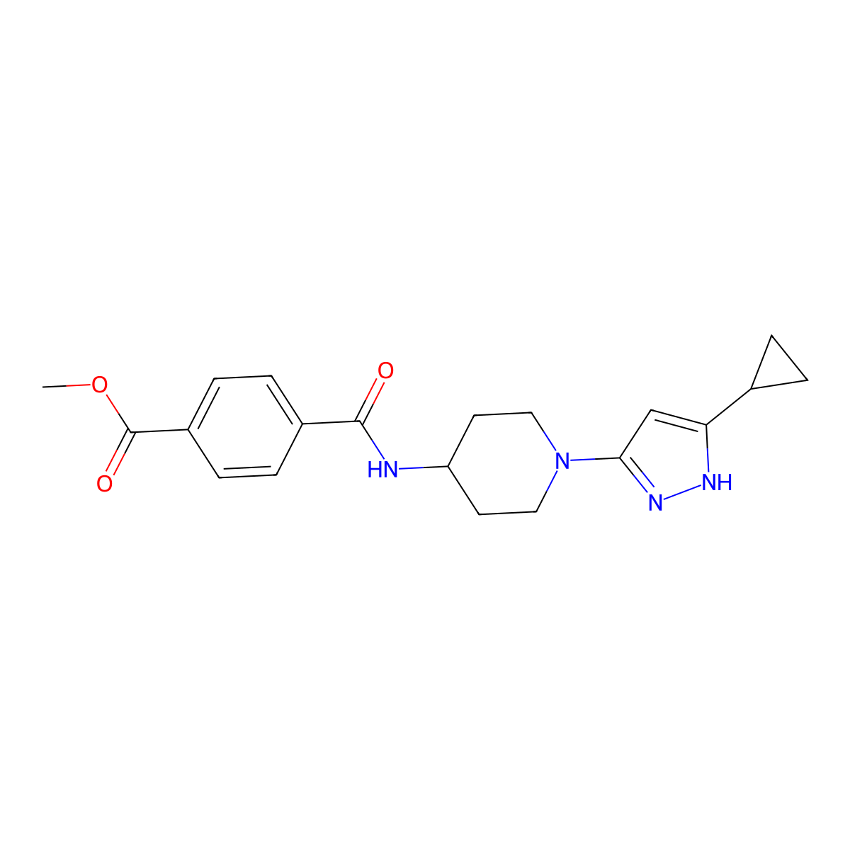 methyl 4-((1-(5-cyclopropyl-1H-pyrazol-3-yl)piperidin-4-yl)carbamoyl)benzoate molecular structure, CAS 2034208-51-8
