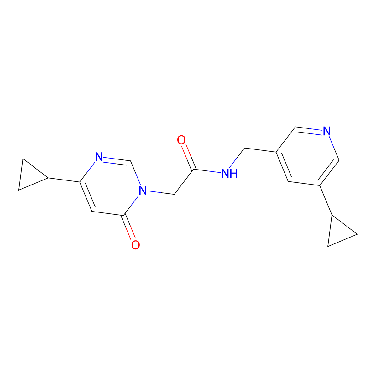2-(4-cyclopropyl-6-oxopyrimidin-1(6H)-yl)-N-((5-cyclopropylpyridin-3-yl)methyl)acetamide molecular structure, CAS 2034208-55-2
