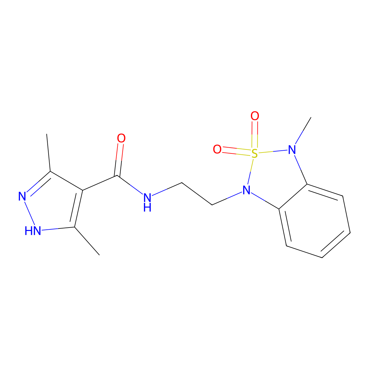 3,5-dimethyl-N-(2-(3-methyl-2,2-dioxidobenzo[c][1,2,5]thiadiazol-1(3H)-yl)ethyl)-1H-pyrazole-4-carboxamide molecular structure, CAS 2034208-57-4