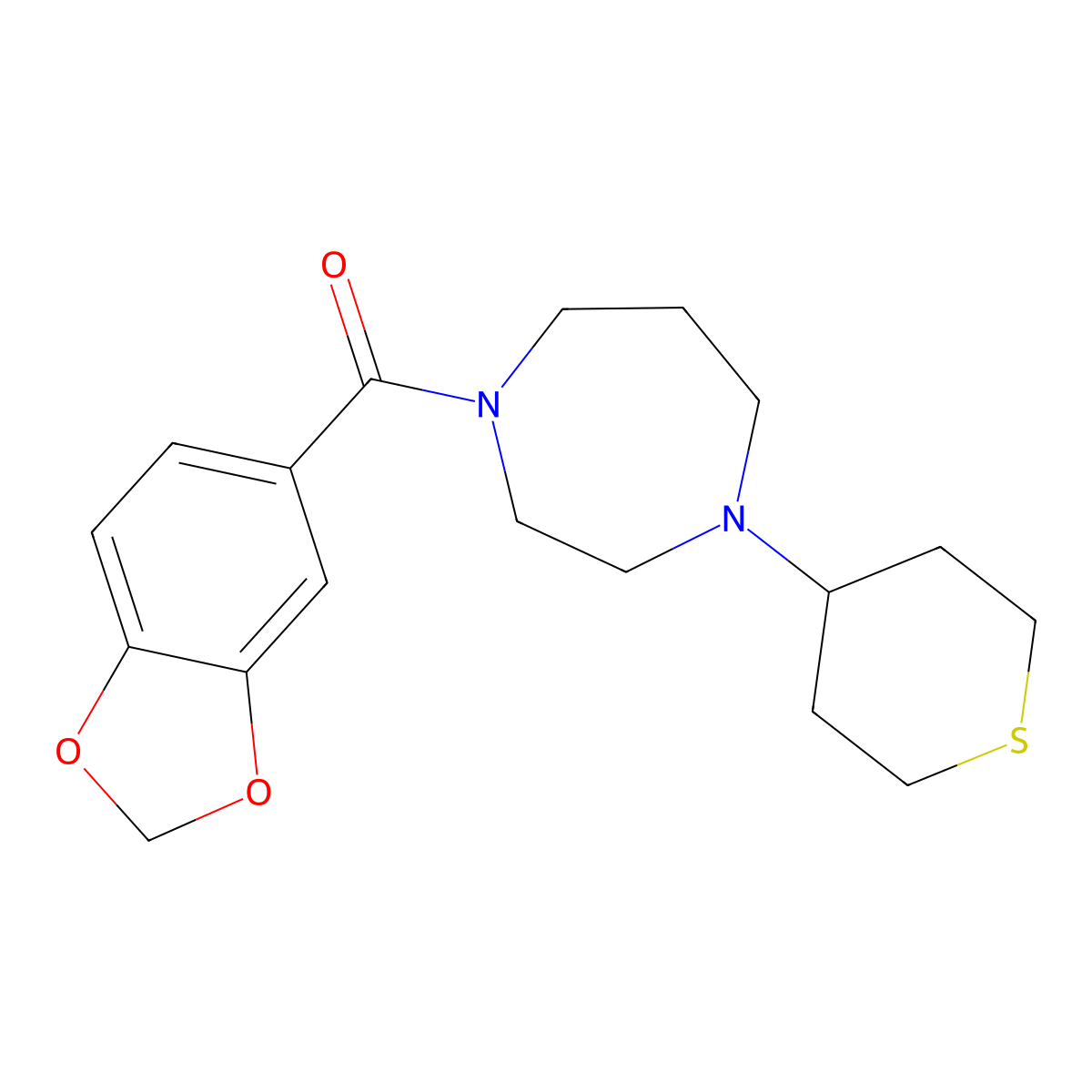 benzo[d][1,3]dioxol-5-yl(4-(tetrahydro-2H-thiopyran-4-yl)-1,4-diazepan-1-yl)methanone molecular structure, CAS 2034208-69-8