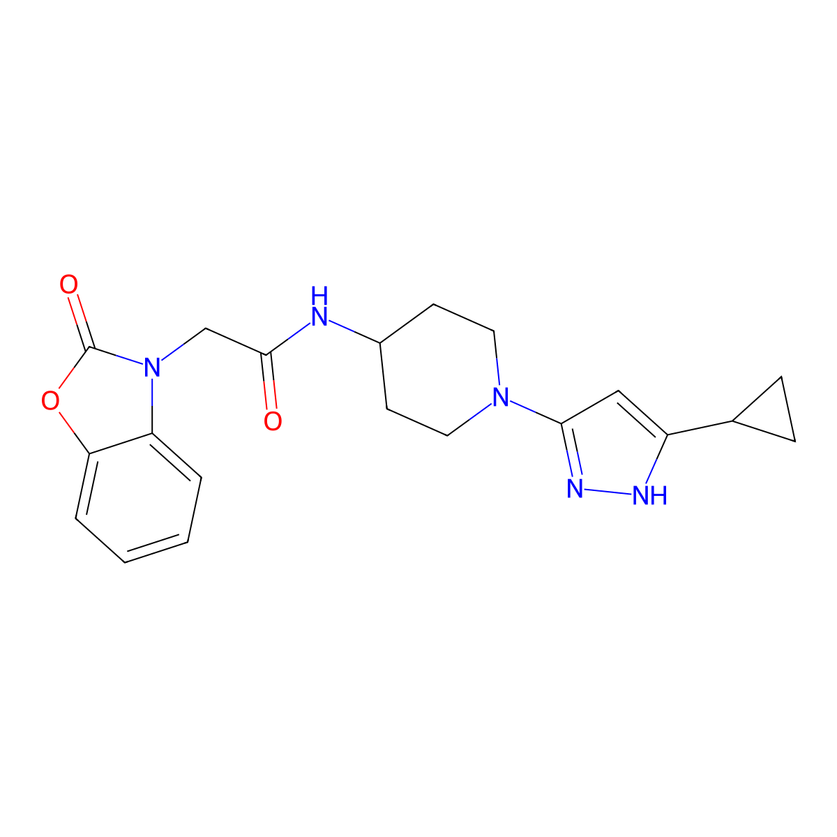 N-(1-(5-cyclopropyl-1H-pyrazol-3-yl)piperidin-4-yl)-2-(2-oxobenzo[d]oxazol-3(2H)-yl)acetamide molecular structure, CAS 2034208-76-7
