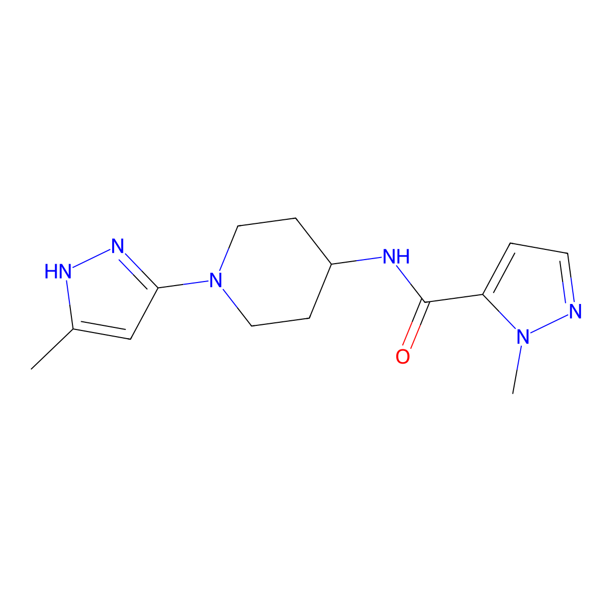 1-methyl-N-[1-(5-methyl-1H-pyrazol-3-yl)piperidin-4-yl]-1H-pyrazole-5-carboxamide molecular structure, CAS 2034208-77-8