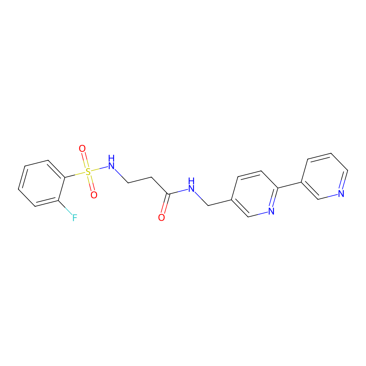 N-({[2,3'-bipyridine]-5-yl}methyl)-3-(2-fluorobenzenesulfonamido)propanamide molecular structure, CAS 2034208-82-5