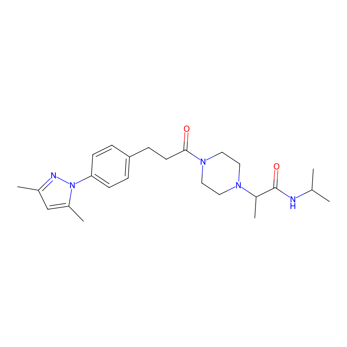 2-(4-(3-(4-(3,5-dimethyl-1H-pyrazol-1-yl)phenyl)propanoyl)piperazin-1-yl)-N-isopropylpropanamide molecular structure, CAS 2034208-89-2