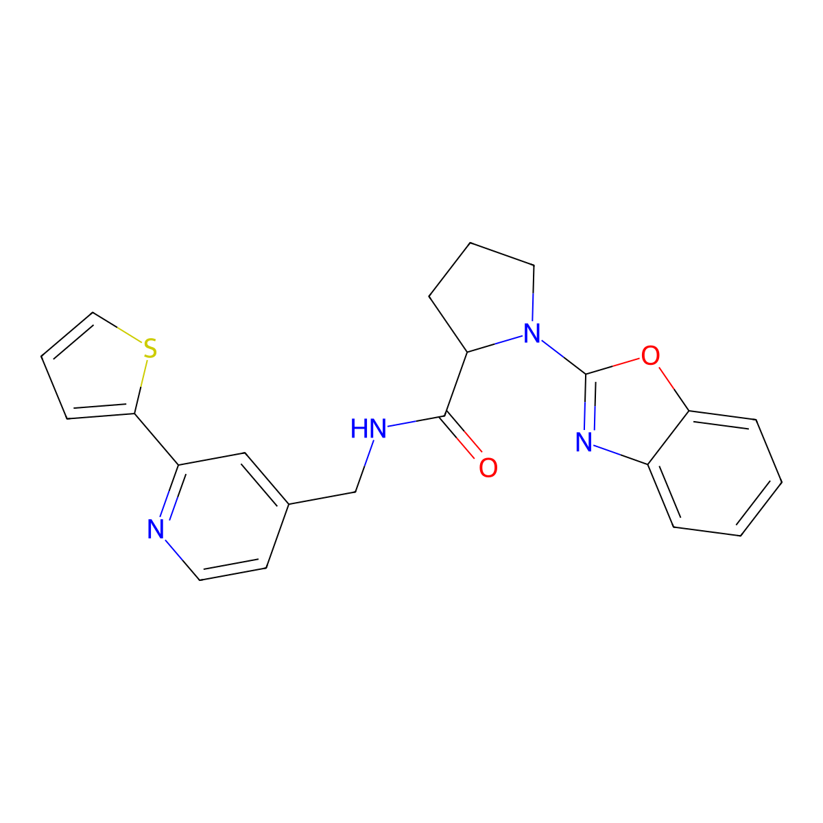 1-(benzo[d]oxazol-2-yl)-N-((2-(thiophen-2-yl)pyridin-4-yl)methyl)pyrrolidine-2-carboxamide molecular structure, CAS 2034208-91-6