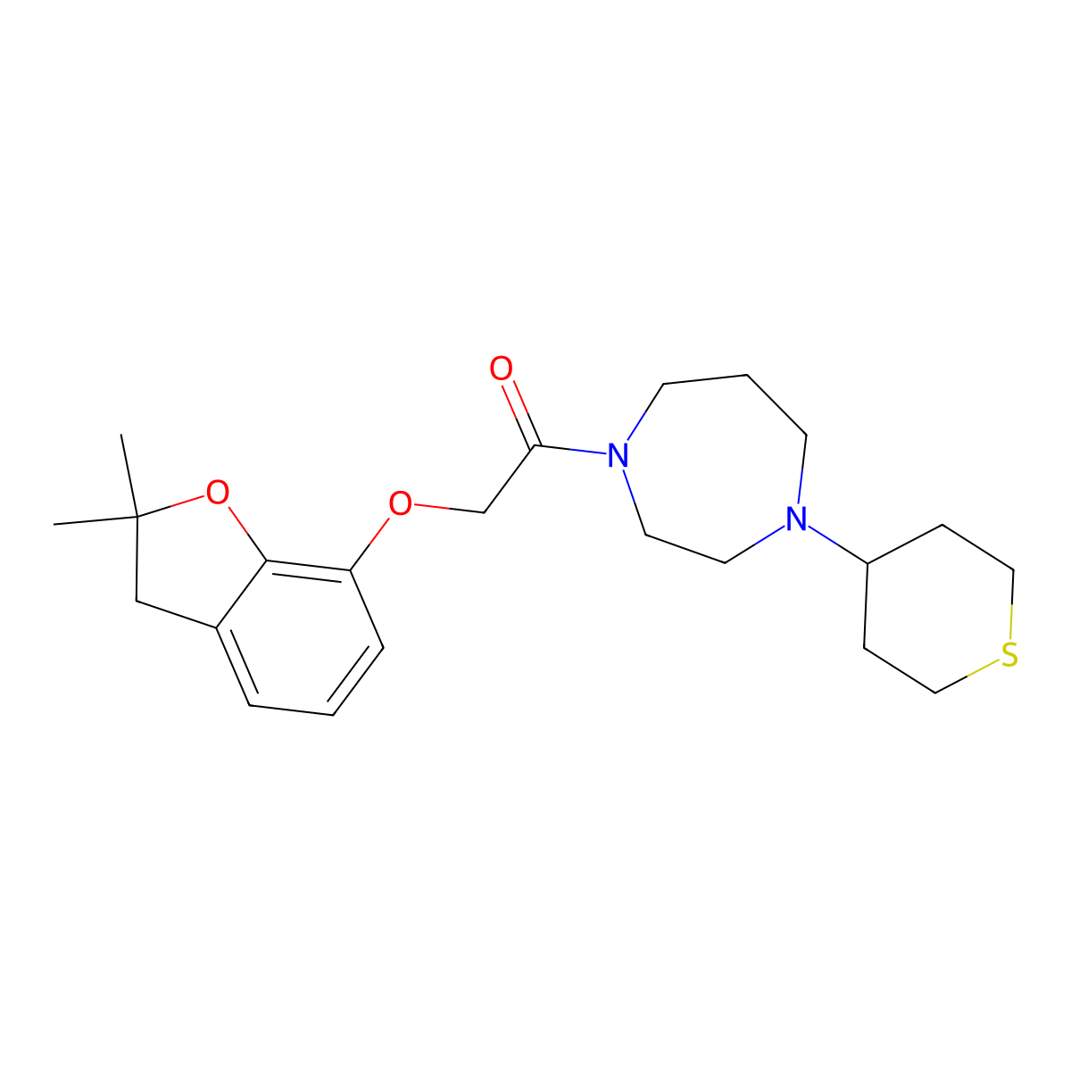 2-[(2,2-Dimethyl-2,3-dihydro-1-benzofuran-7-yl)oxy]-1-[4-(thian-4-yl)-1,4-diazepan-1-yl]ethan-1-one molecular structure, CAS 2034208-93-8