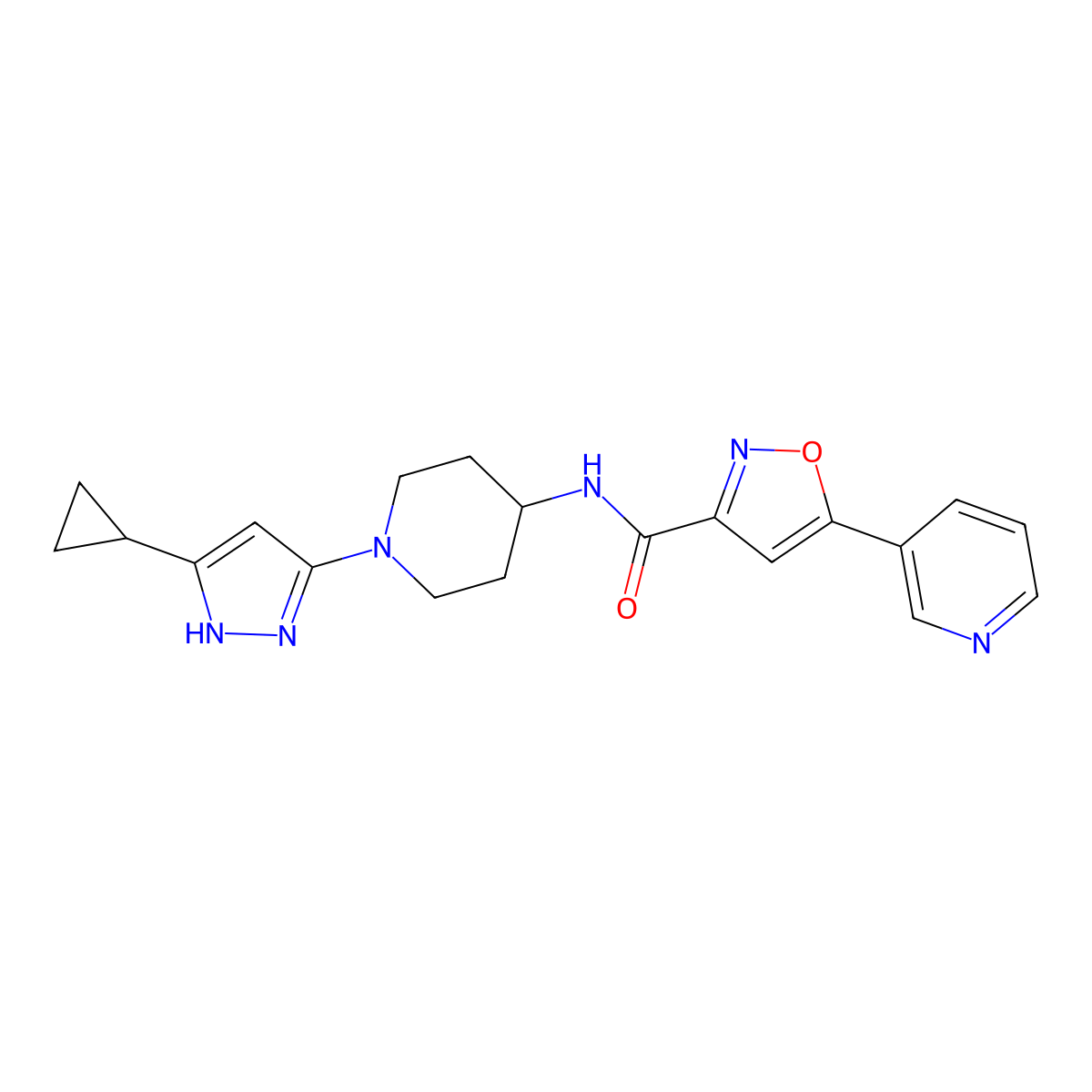 N-[1-(5-cyclopropyl-1H-pyrazol-3-yl)piperidin-4-yl]-5-(pyridin-3-yl)-1,2-oxazole-3-carboxamide molecular structure, CAS 2034208-94-9