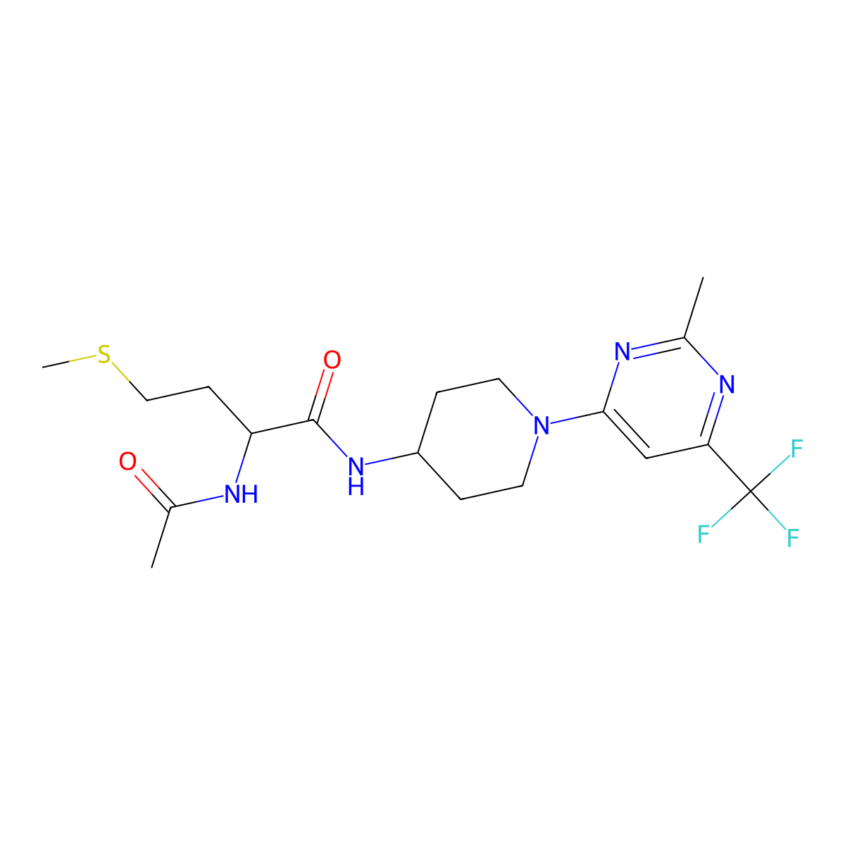 2-acetamido-N-(1-(2-methyl-6-(trifluoromethyl)pyrimidin-4-yl)piperidin-4-yl)-4-(methylthio)butanamide molecular structure, CAS 2034209-01-1