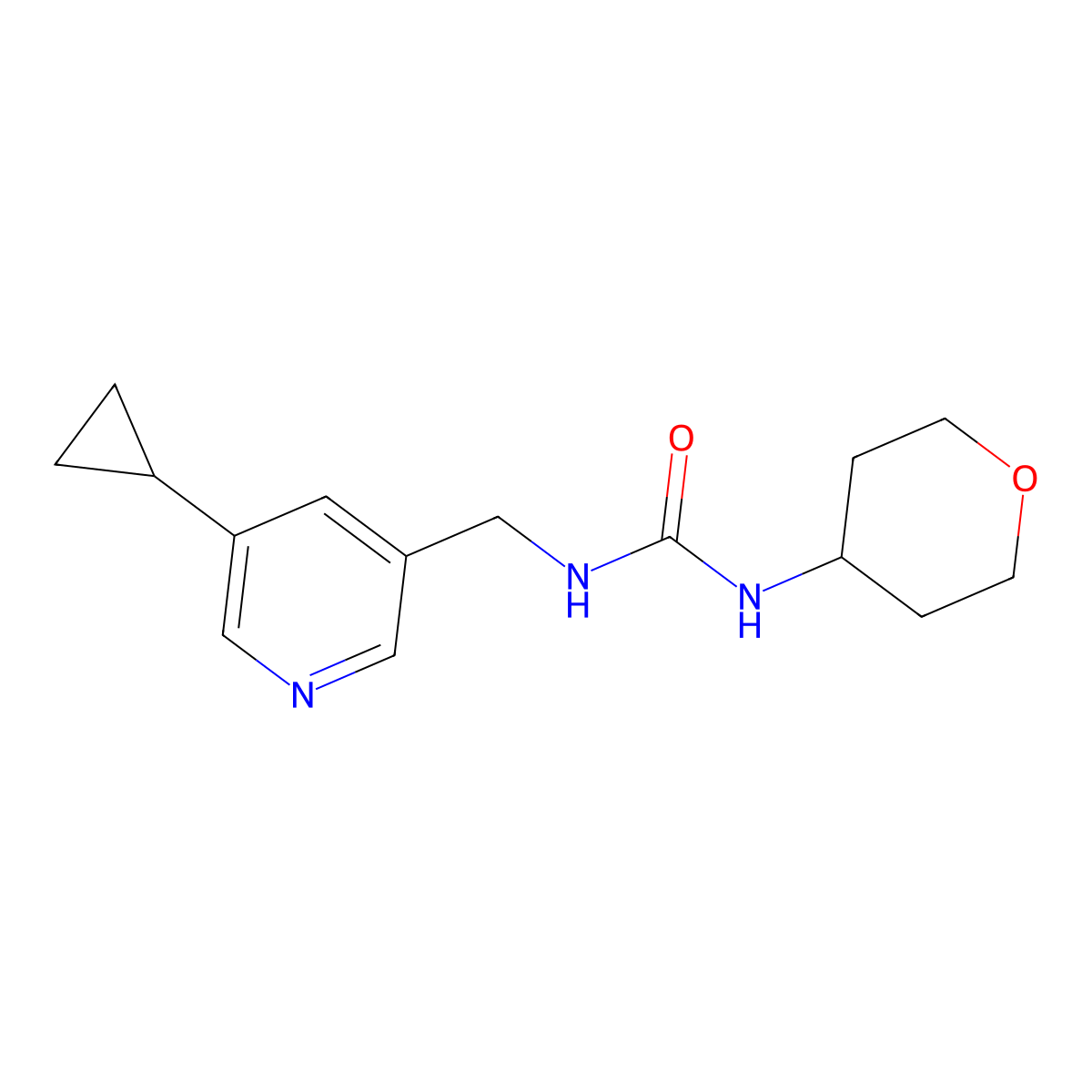 1-((5-cyclopropylpyridin-3-yl)methyl)-3-(tetrahydro-2H-pyran-4-yl)urea molecular structure, CAS 2034209-05-5