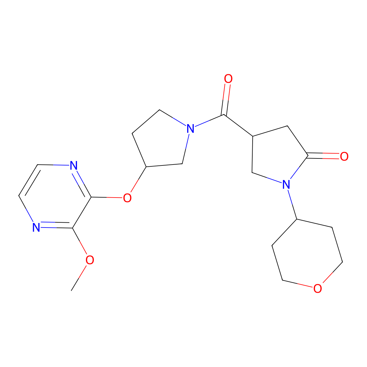 4-(3-((3-methoxypyrazin-2-yl)oxy)pyrrolidine-1-carbonyl)-1-(tetrahydro-2H-pyran-4-yl)pyrrolidin-2-one molecular structure, CAS 2034209-07-7