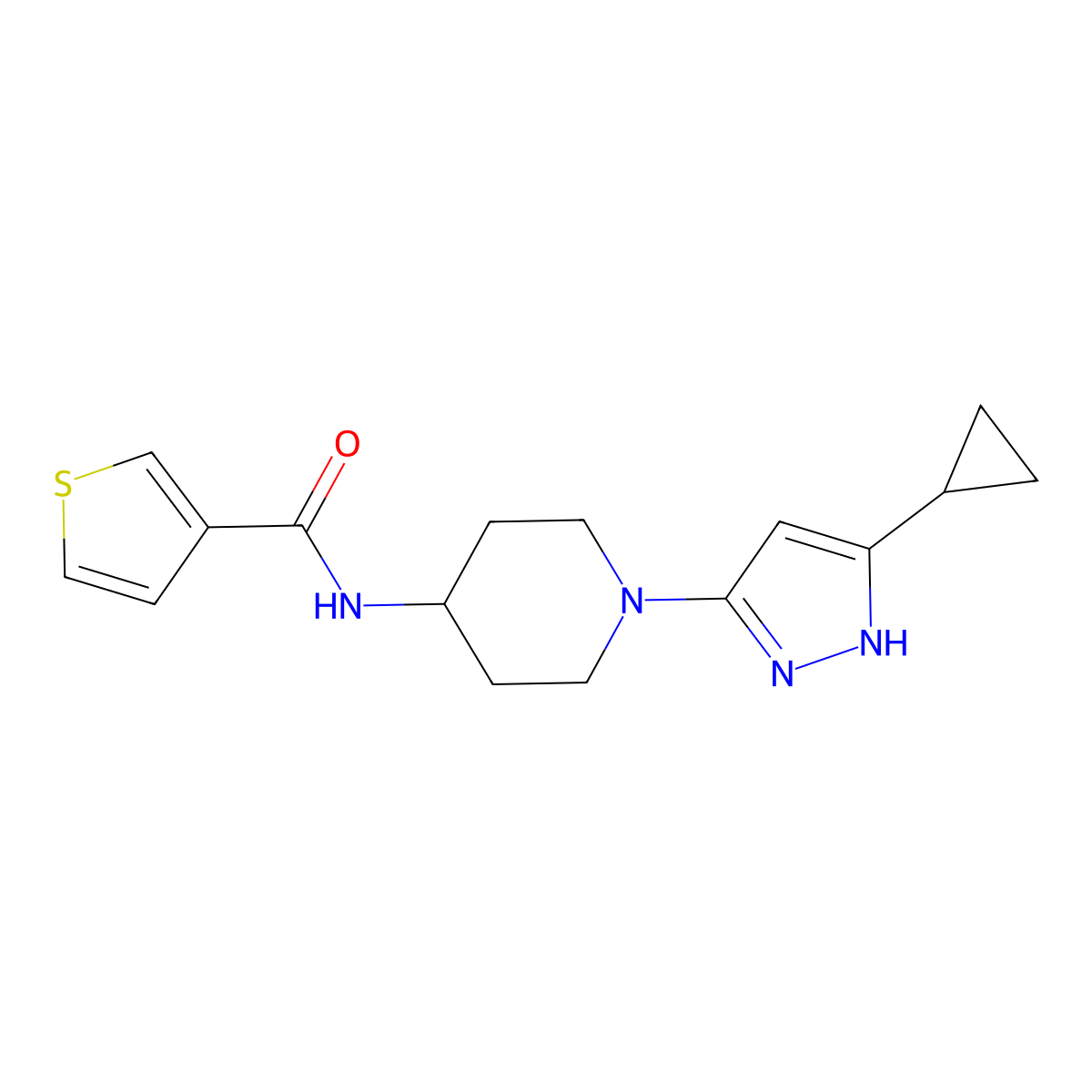N-[1-(5-cyclopropyl-1H-pyrazol-3-yl)piperidin-4-yl]thiophene-3-carboxamide molecular structure, CAS 2034209-08-8