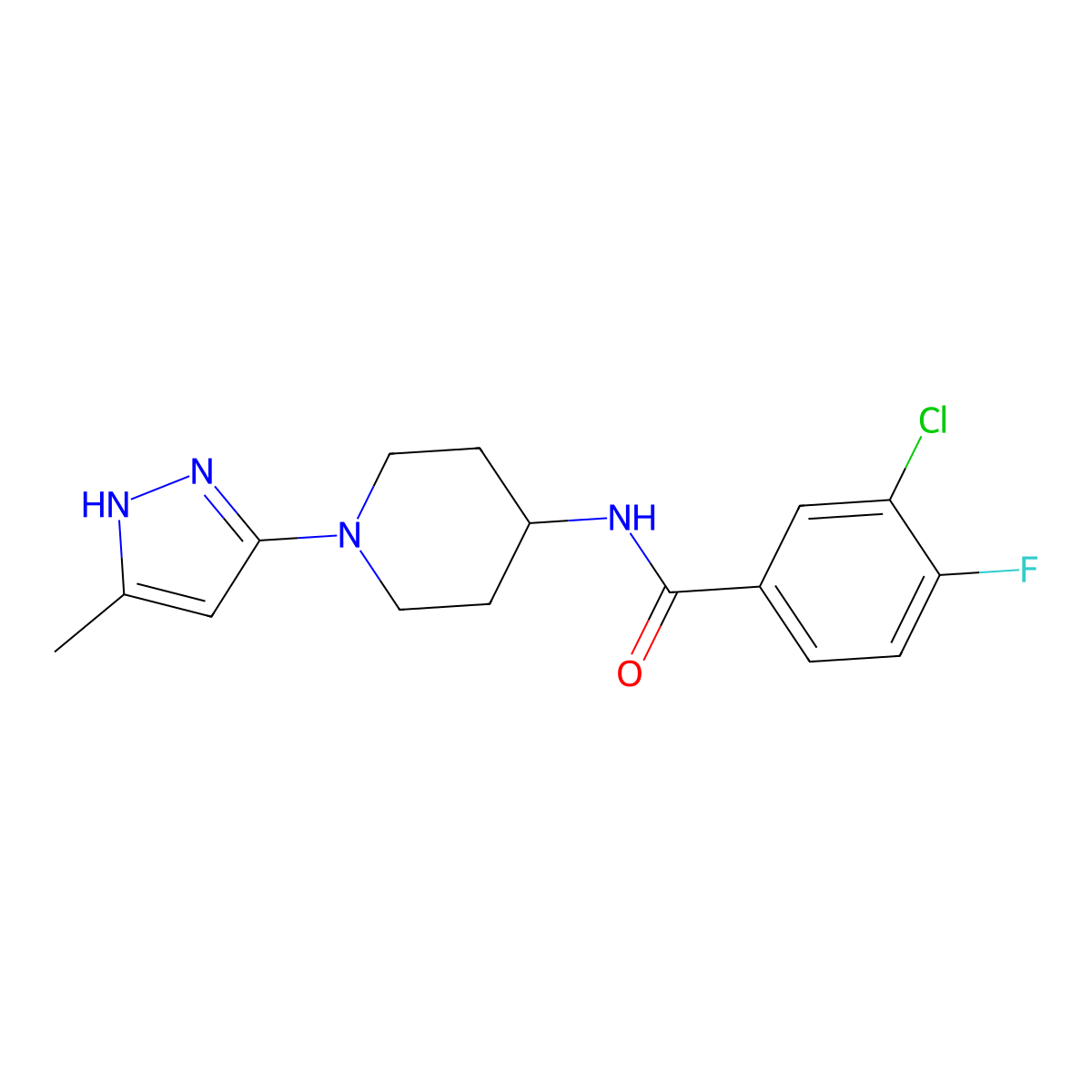 3-chloro-4-fluoro-N-[1-(5-methyl-1H-pyrazol-3-yl)piperidin-4-yl]benzamide molecular structure, CAS 2034209-09-9