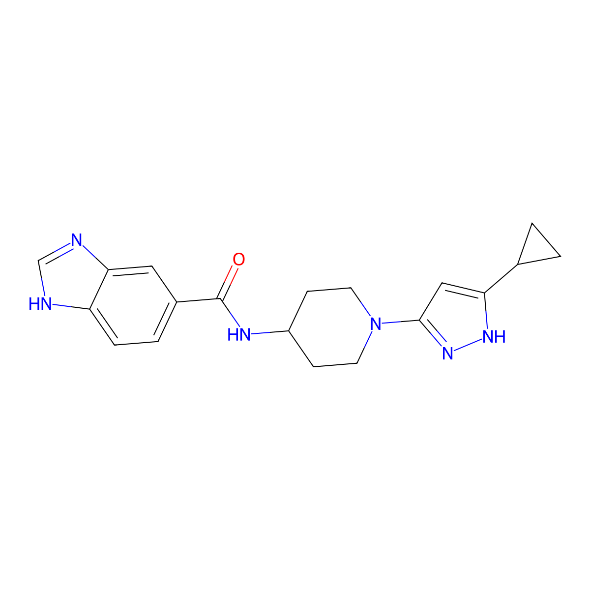 N-(1-(5-cyclopropyl-1H-pyrazol-3-yl)piperidin-4-yl)-1H-benzo[d]imidazole-5-carboxamide molecular structure, CAS 2034209-11-3